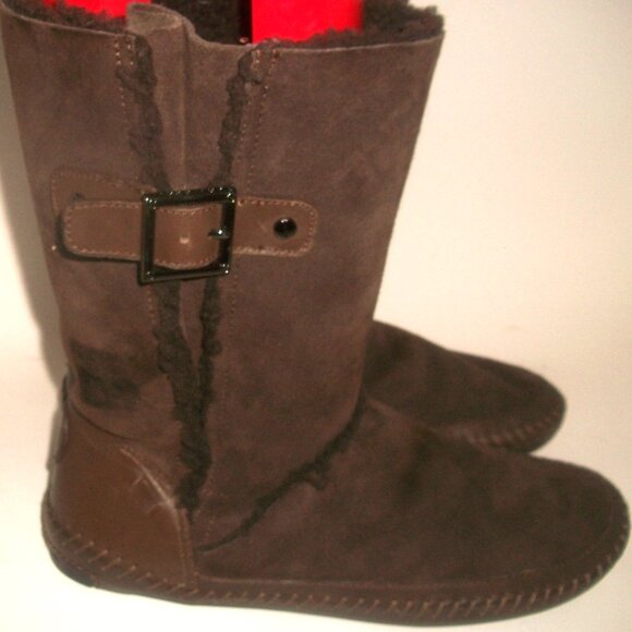 Tory Burch Mid-Calf Brown Suede Moccasin Boots Lined w Authentic Shearling 9.5M - Picture 5 of 9